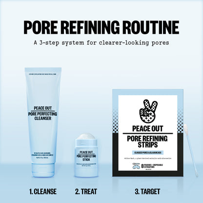 Pore refining routine with cleanser, nose strips, and a chart on a light blue background
