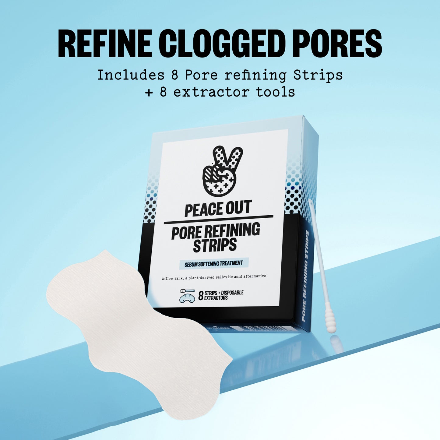 A box of Peace Out Pore Refining Strips shown on a light blue background with text reading 'REFINE CLOGGED PORES' and 'Includes 8 Pore refining Strips + 8 extractor tools.' An applicator strip is placed in front of the box.