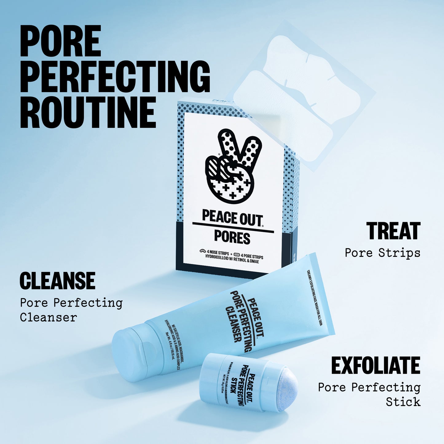 Skincare routine featuring a box of Peace Out Pores Strips, Pore Perfecting Cleanser, Pore Perfecting Stick on a light blue background with text labels.