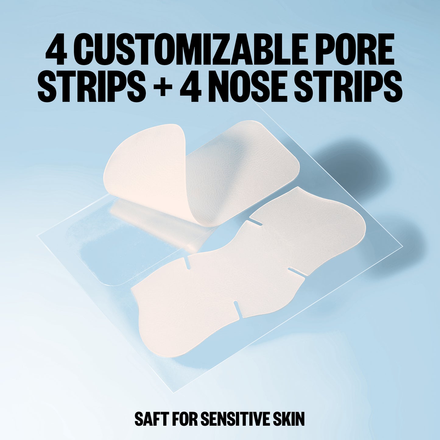 Packaging of pore strips and nose strips with text on a light blue background