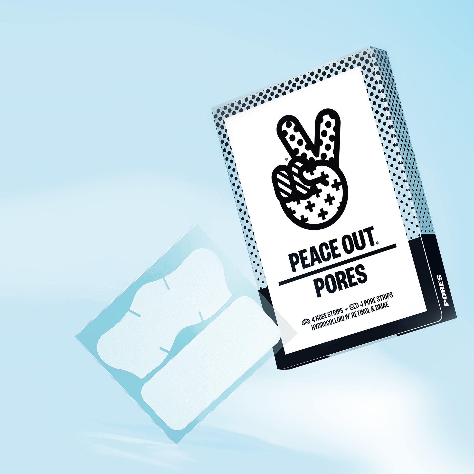 Pore strip packaging with 'Peace Out Pores' branding on a light blue background