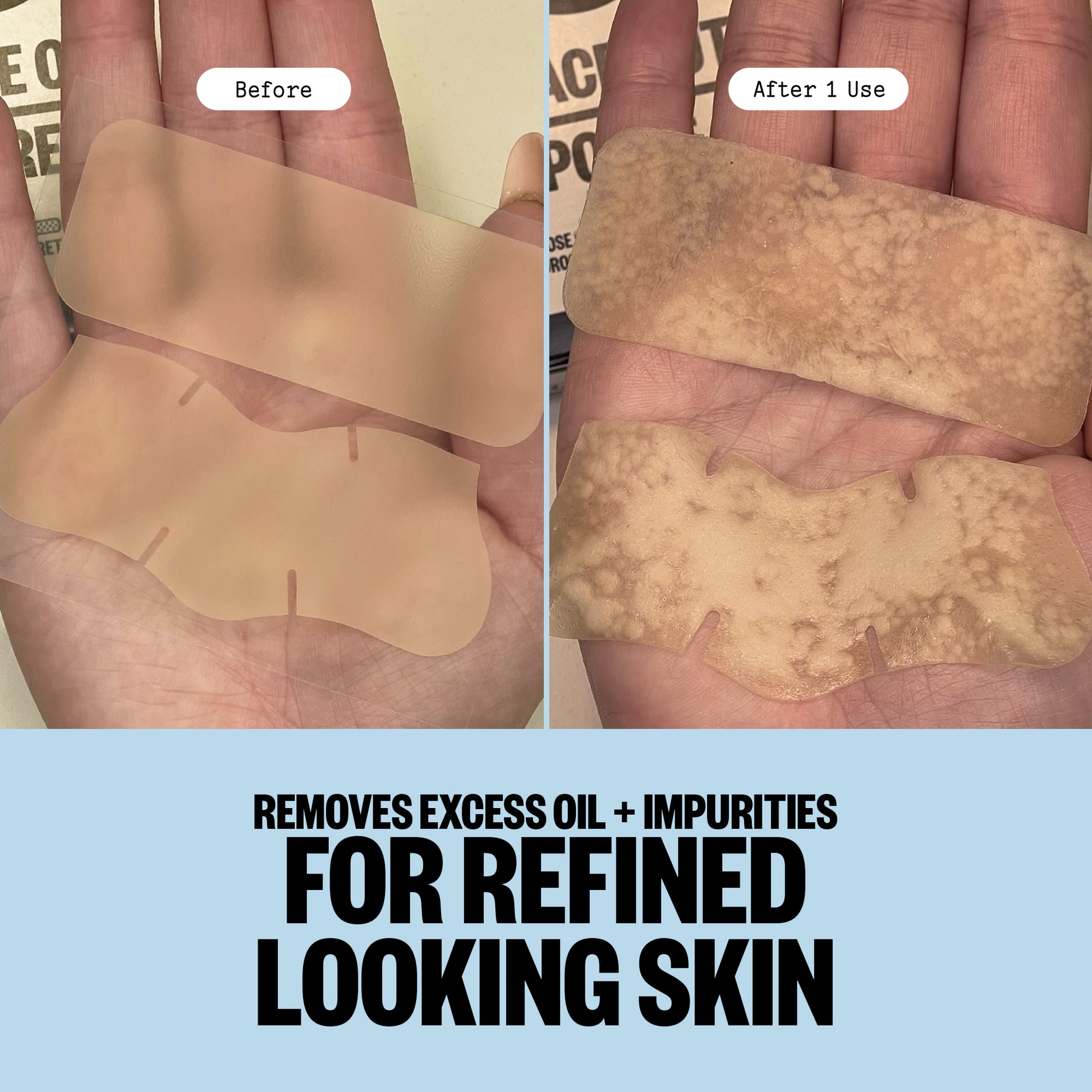 Before and after use of a skin care product on a hand, with text indicating oil and impurity removal.