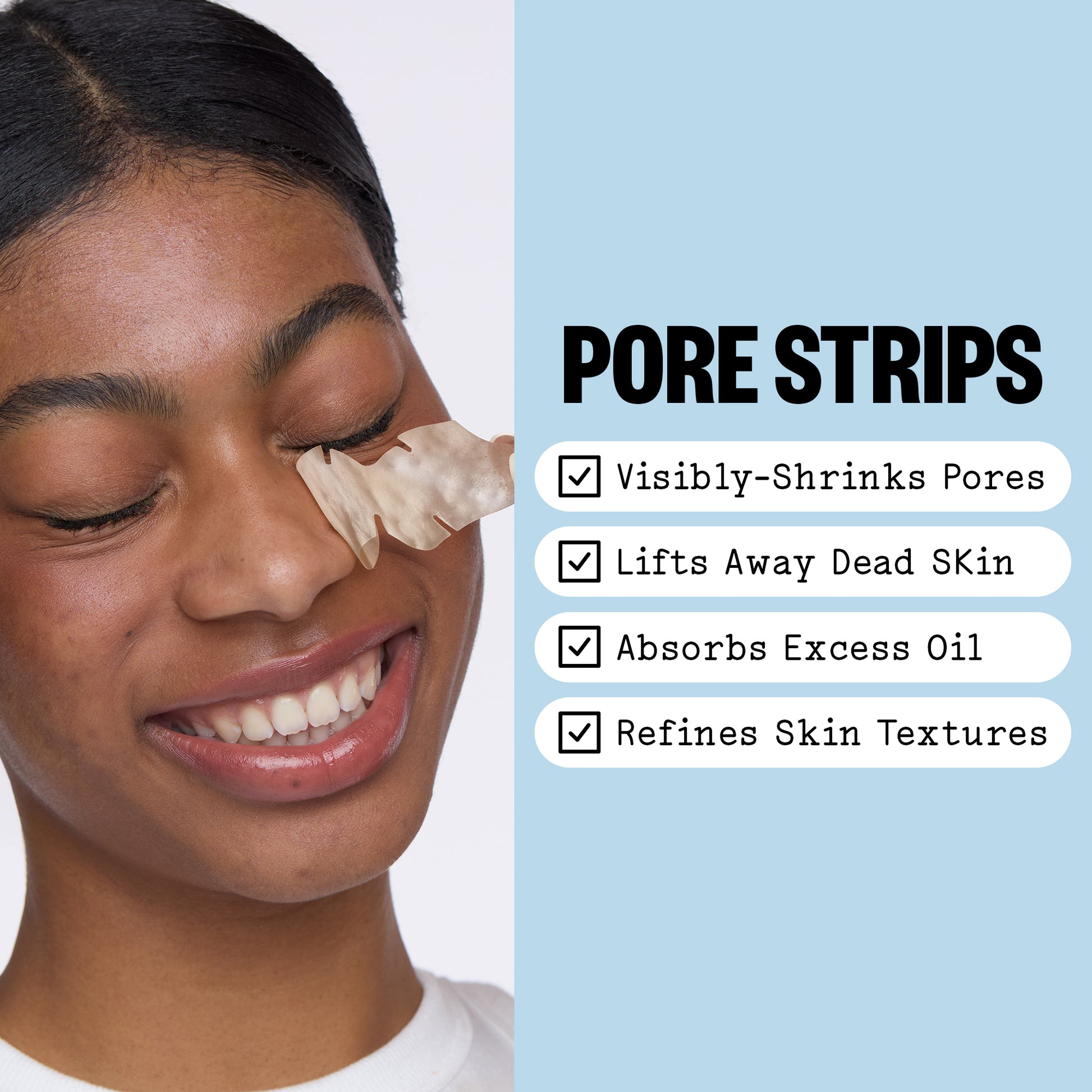 Woman applying a pore strip with text highlighting benefits on a light gray background