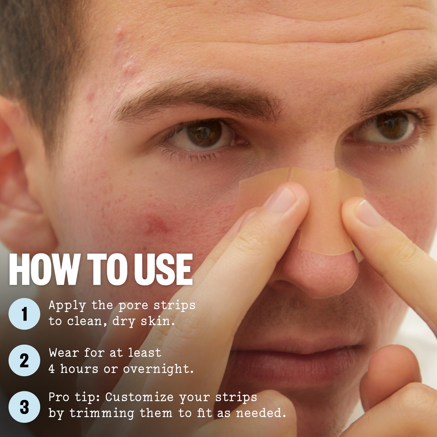 Person applying pore strips with text on how to use them