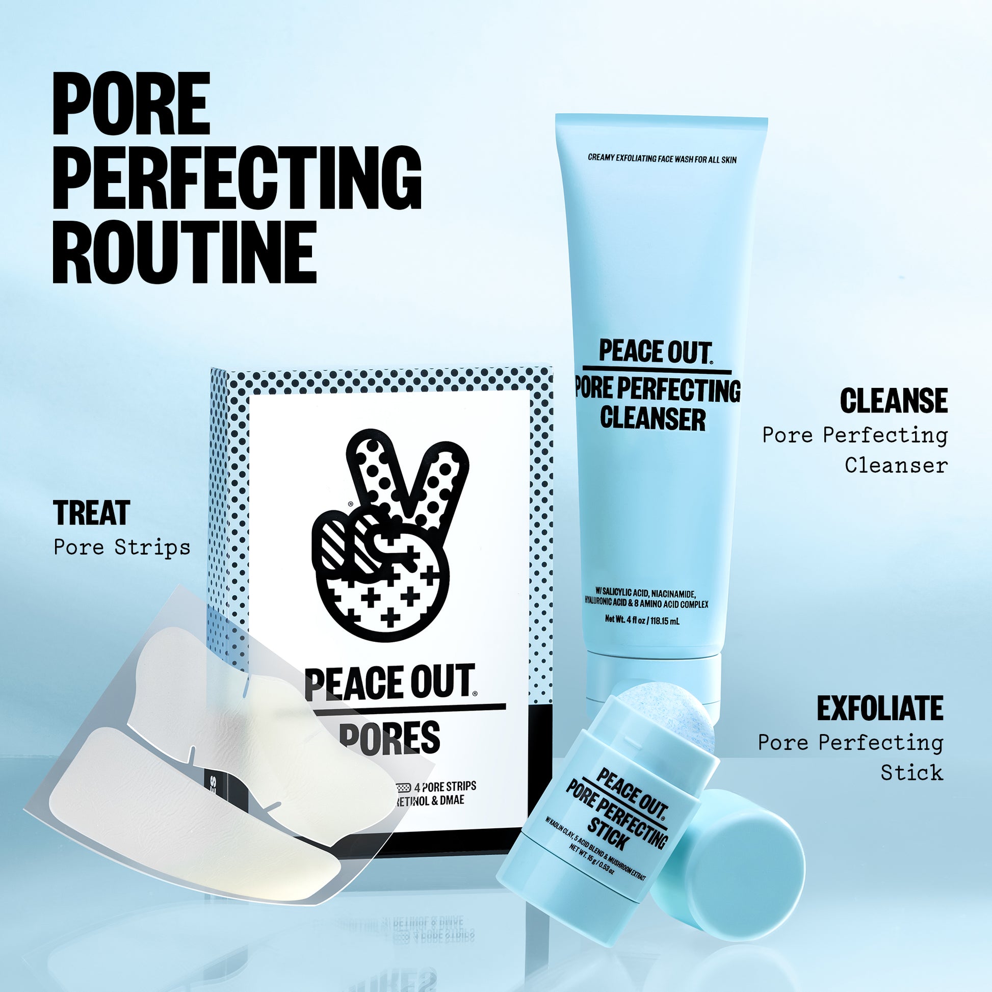 Pore perfecting skincare products including cleanser, strips, and stick on a light blue background.