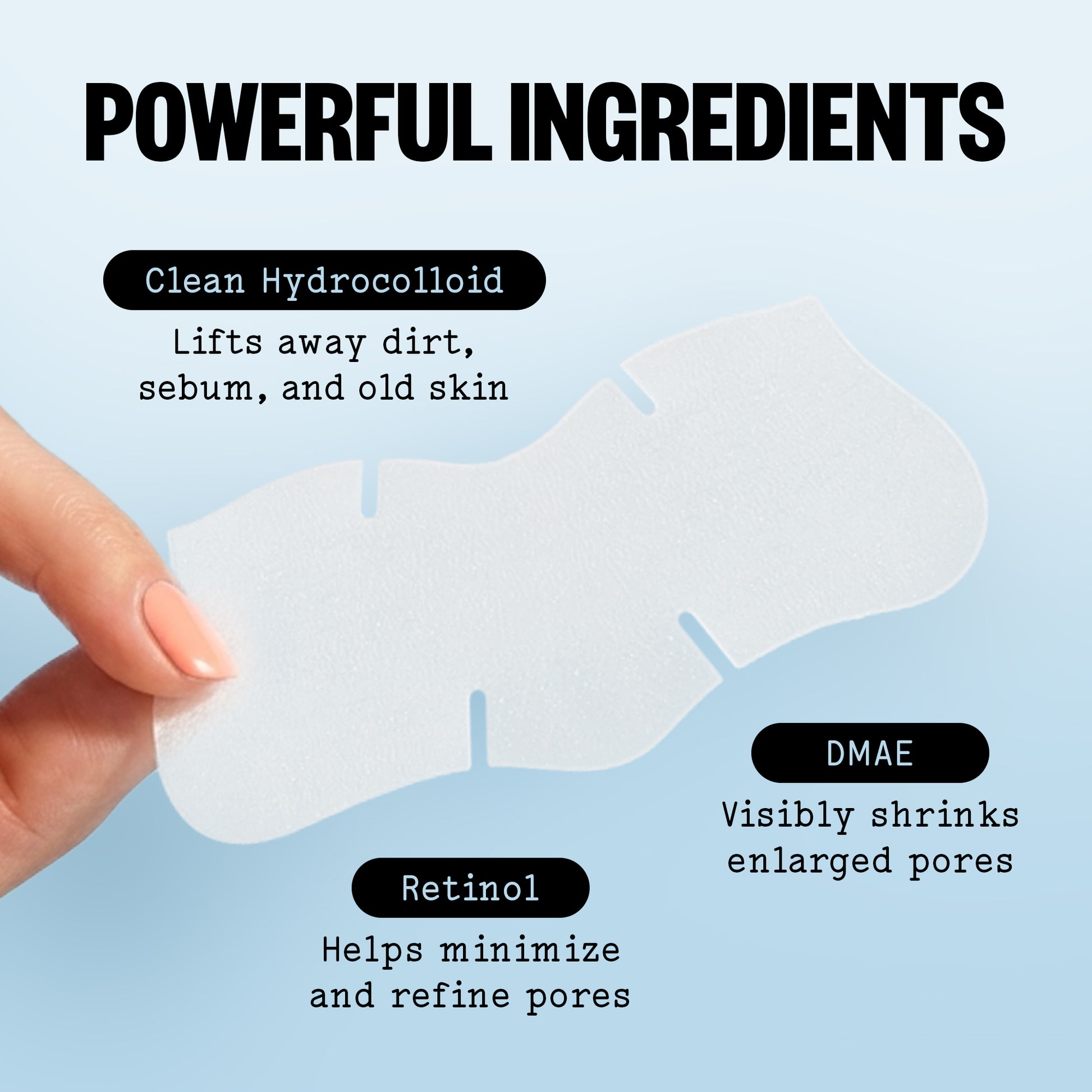 Hand holding a hydrocolloid patch with text about its ingredients on a light blue background