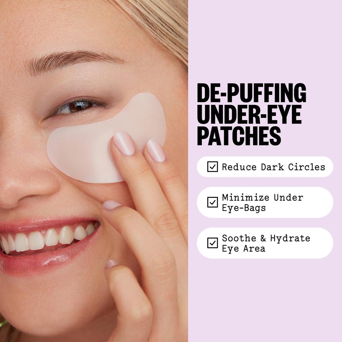 Person applying a Peace Out Puffy Eyes patch under the eye beside on-image benefit text.