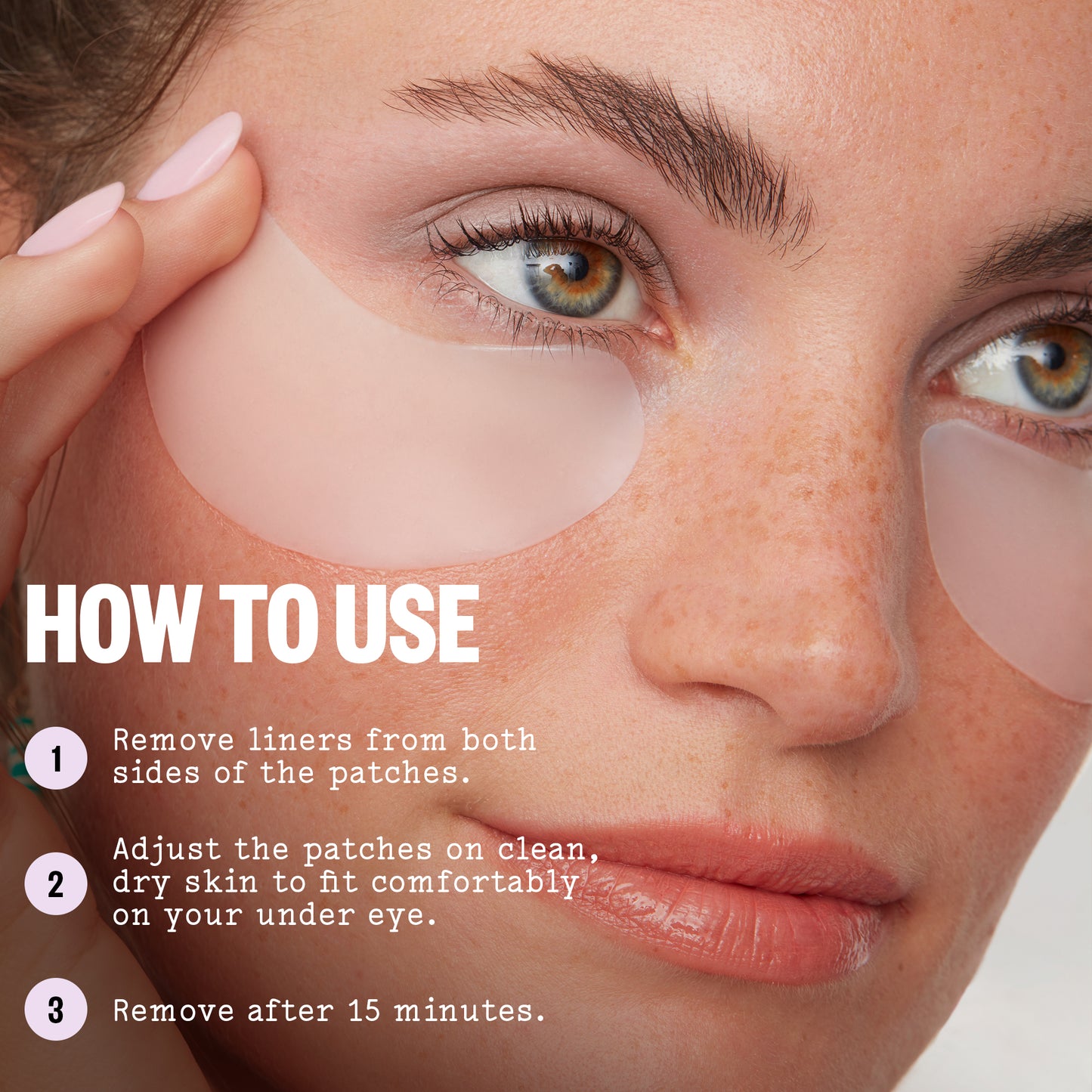 Instructions on how to use Puffy eye patches with a close-up of a person applying them.