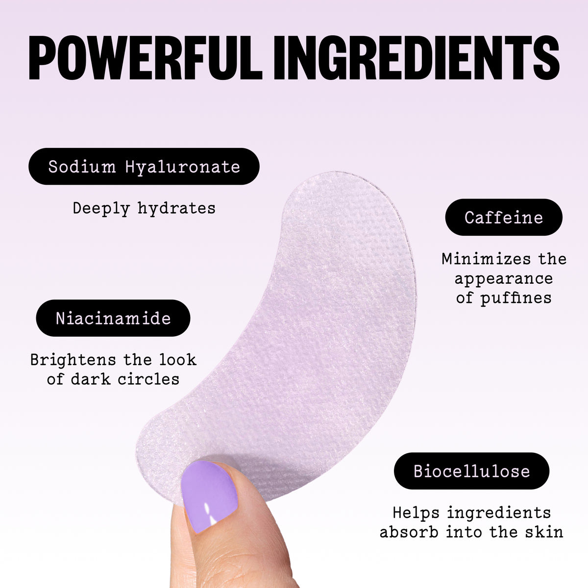 Peace Out Puffy Eyes patch packaging with on-pack ingredient highlights.