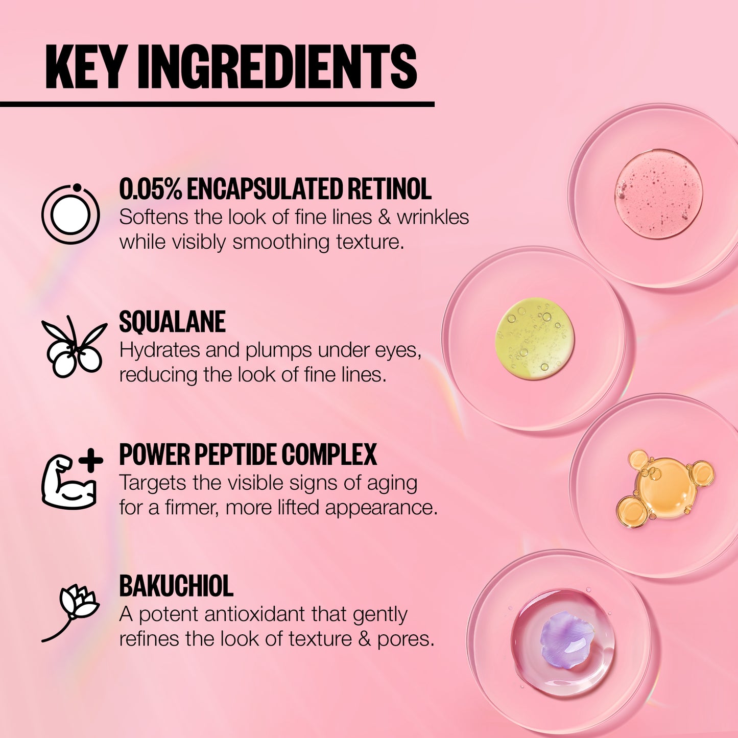 Peace Out Retinol Eye Jelly Stick Key Ingredients include 0.5% Encapsulated Retinol, Squalane, Power Peptide Complex, and Bakuchol