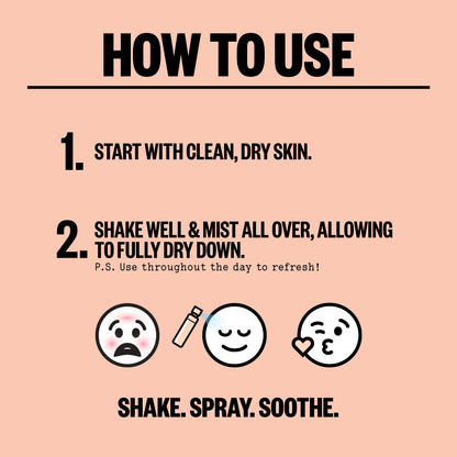 Person spraying Peace Out Redness + Clarifying Mist on their face, with usage steps.