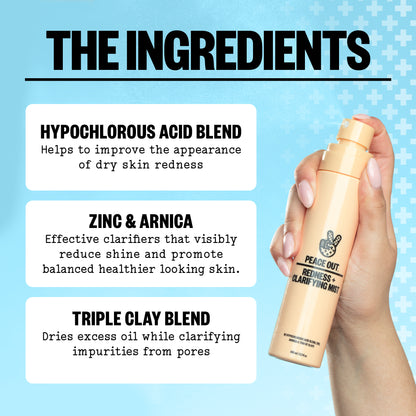 Peace Out Redness + Clarifying Mist with ingredients: hypochlorous acid blend, bentonite and kaolin clay.