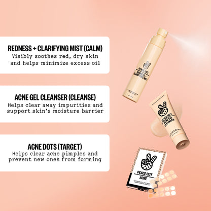 Peace Out Redness + Clarifying Mist shown with complementary Peace Out products.