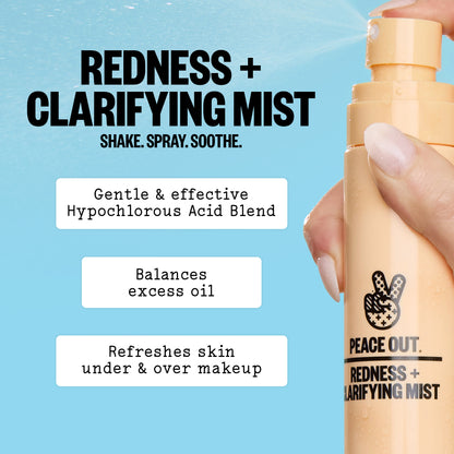 Close-up of the Peace Out Redness + Clarifying Mist bottle with its spray beside it.