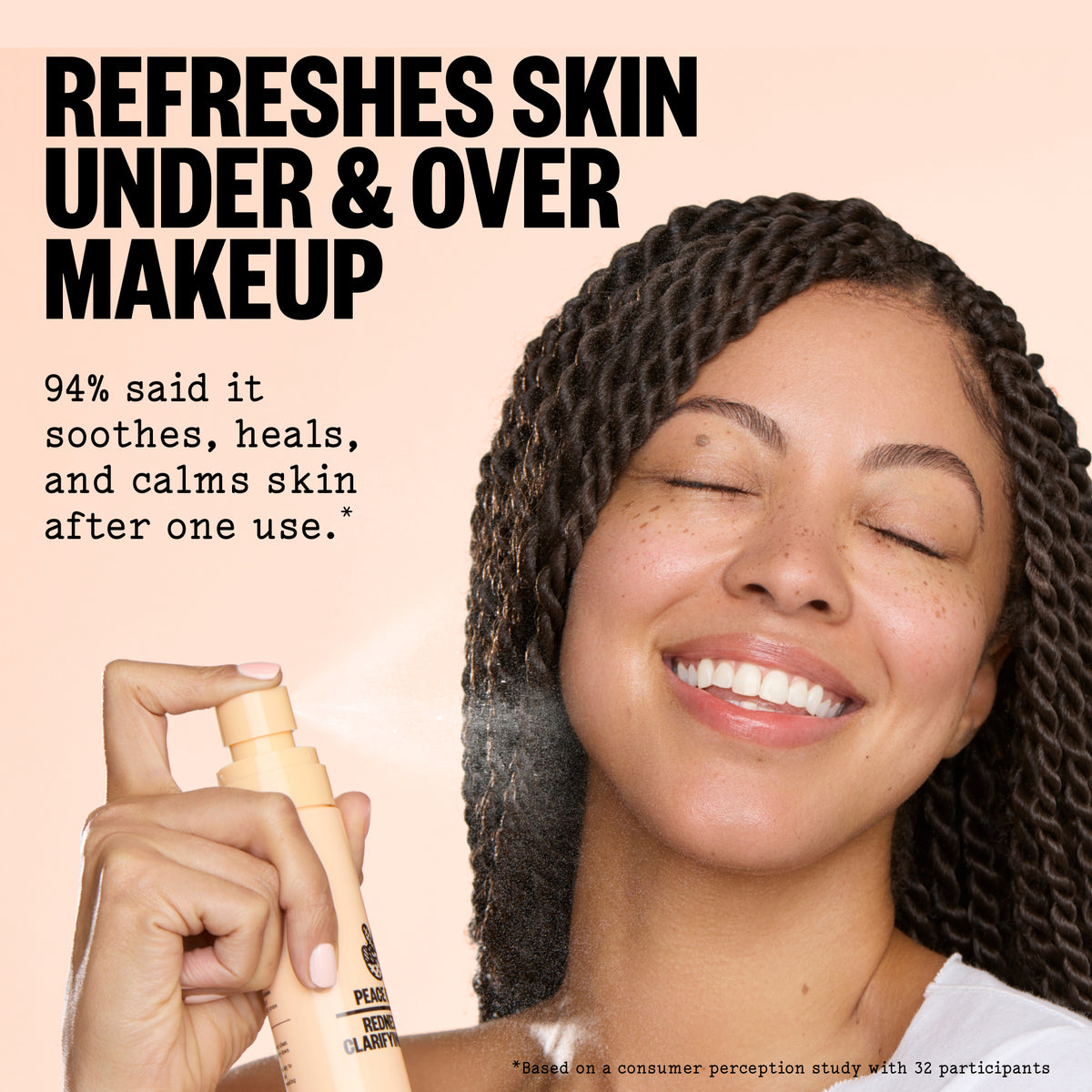 A smiling woman with closed eyes holds Peace Out Redness + Clarifying Mist in her hand against a soft peach background. Large black text reads 'REFRESHES SKIN UNDER & OVER MAKEUP' with additional claim text about soothing, healing, and calming skin after one use.