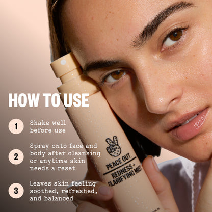 Close-up of a woman holding a beige skincare bottle labeled 'PEACE OUT REDNESS + CLARIFYING MIST' next to a 'HOW TO USE' instruction graphic on a warm beige background.