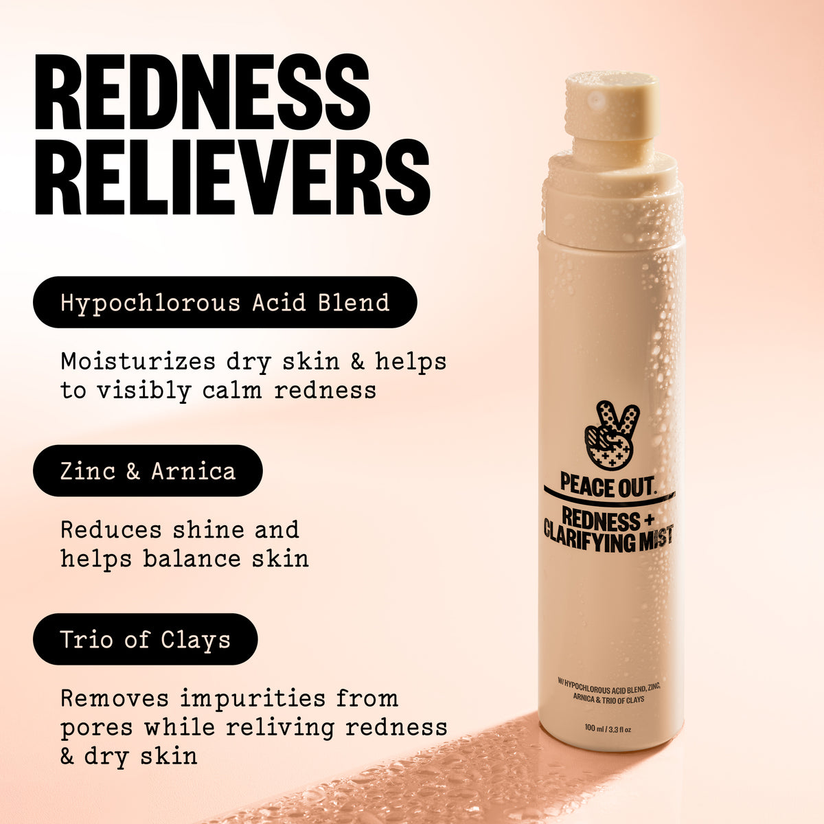 A bottle of Peace Out Redness + Clarifying Mist shown on a peach-pink background with promotional text reading 'Redness Relievers' and product benefits.