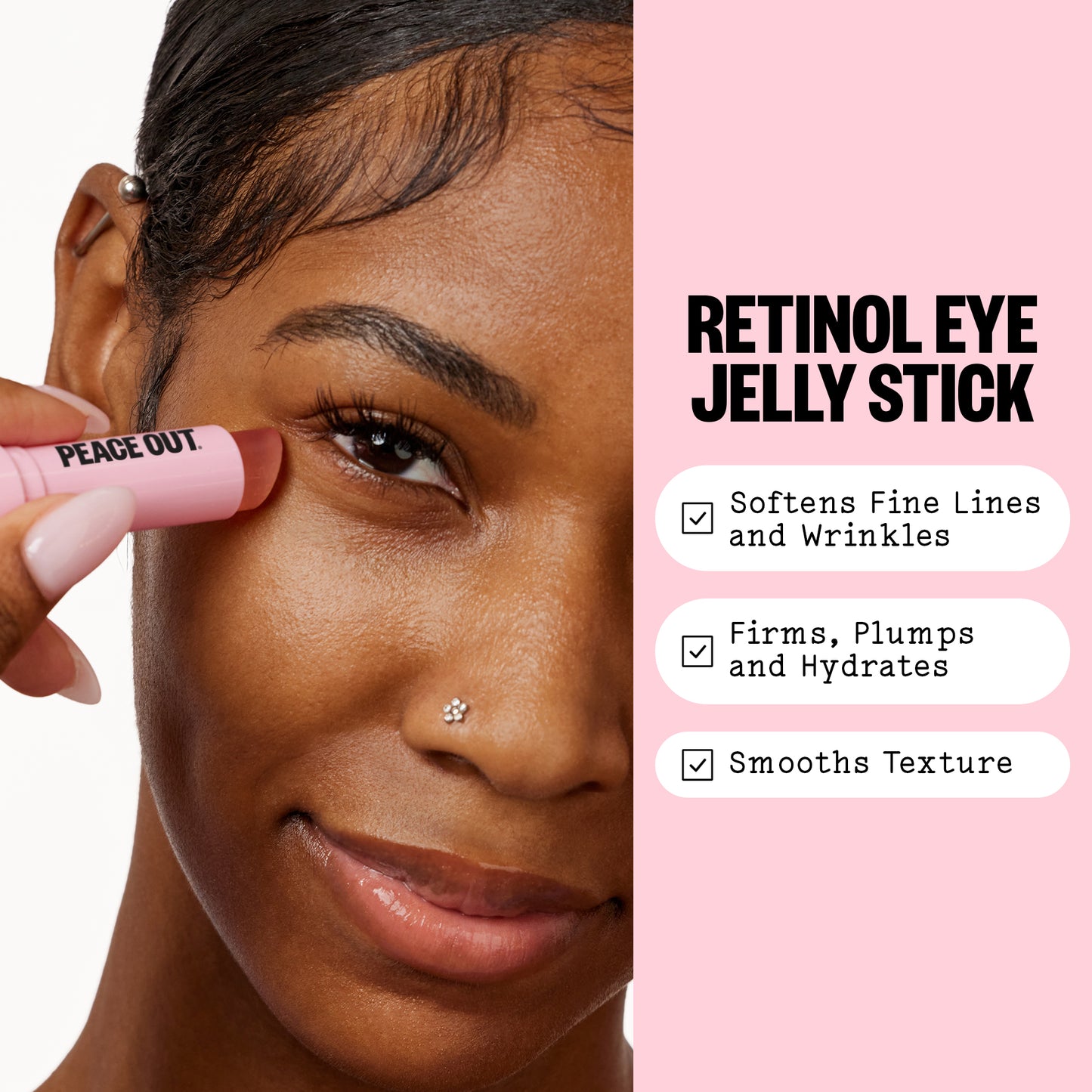 Woman applying a Peace Out Retinol Eye Jelly Stick with product details on a pink background