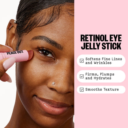 Woman applying a Peace Out Retinol Eye Jelly Stick with product details on a pink background