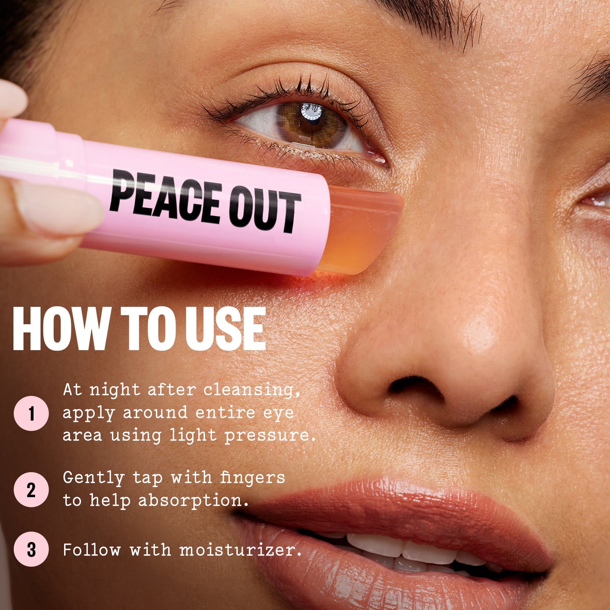 Peace Out Retinol Eye Jelly Stick is being applied around the eye area with usage instructions.