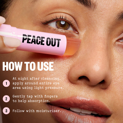 Peace Out Retinol Eye Jelly Stick is being applied around the eye area with usage instructions.