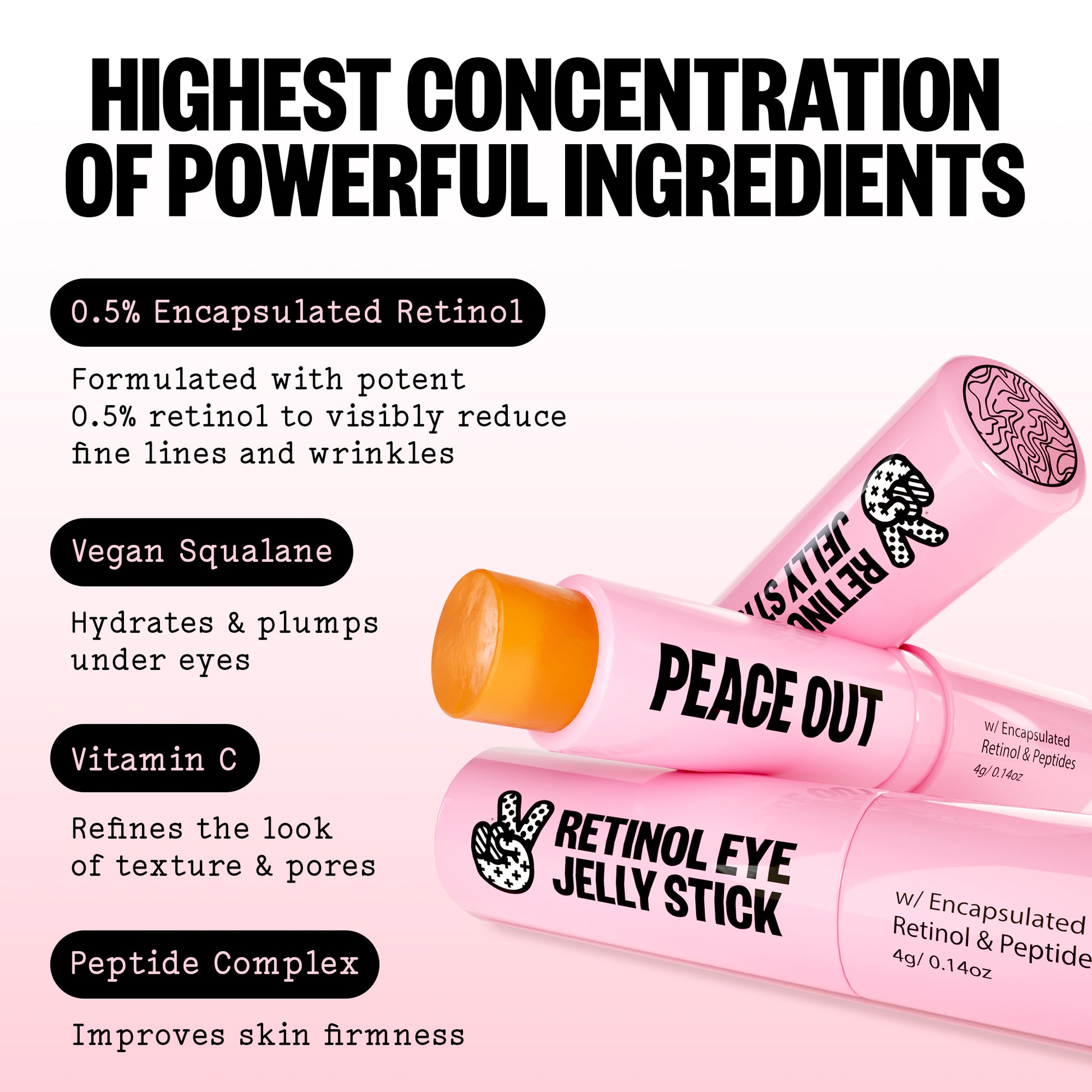 Peace Out Retinol Eye Jelly Stick with text highlighting ingredients and benefits on a white background