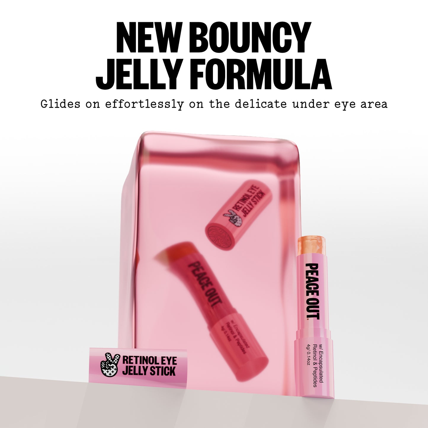 Peace Out Retinol Eye Jelly Stick on a white background, featuring text about a new bouncy jelly formula.