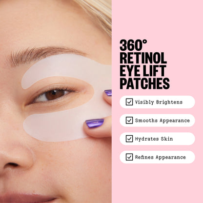 Close-up of a person applying a translucent under-eye patch to their eye, with text on a pink background reading '360° RETINOL EYE LIFT PATCHES' and feature checkmarks.