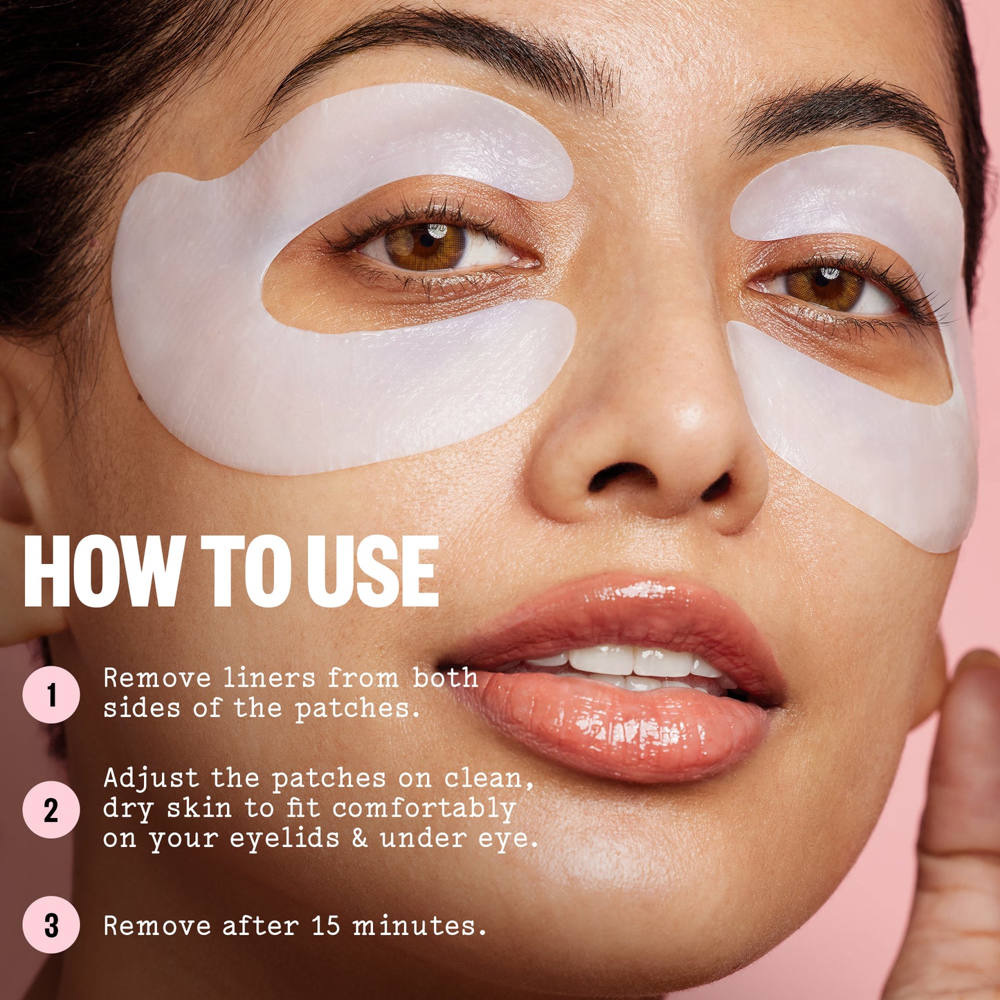 Woman's face with eye patches and instructions on how to use them.