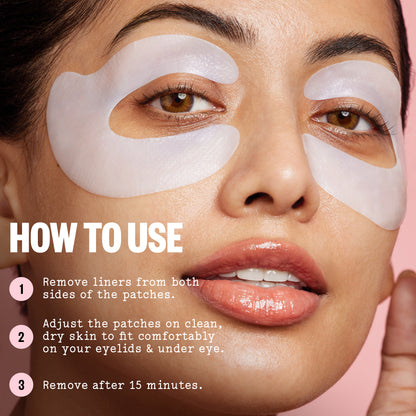 Woman's face with eye patches and instructions on how to use them.