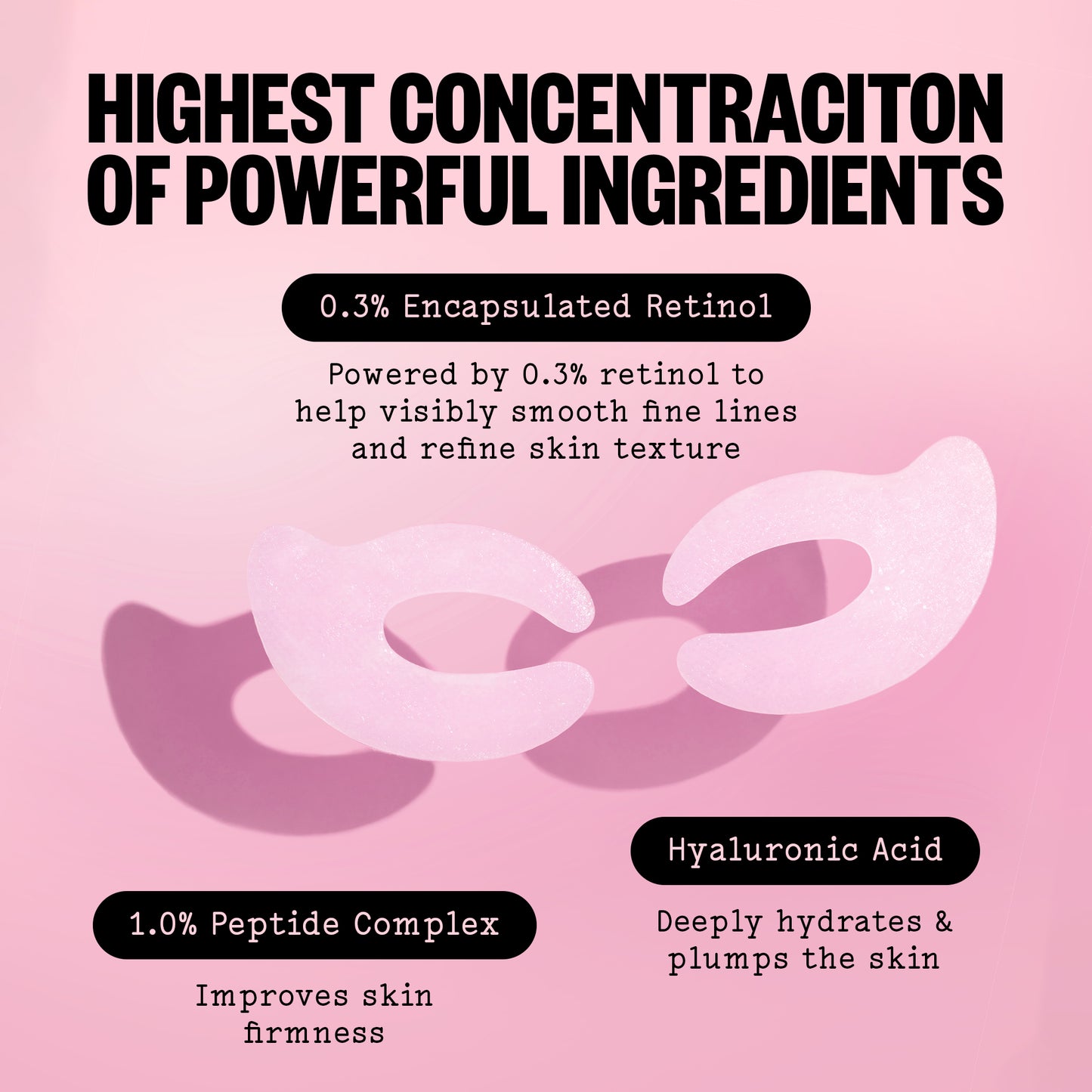 Product packaging with text about retinol, peptide complex, and hyaluronic acid on a pink background.