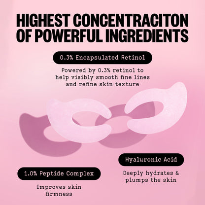 Product packaging with text about retinol, peptide complex, and hyaluronic acid on a pink background.