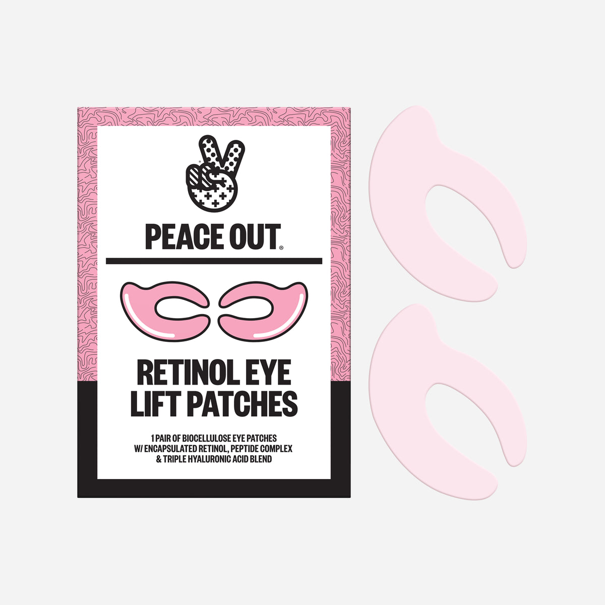 Peace Out Retinol Eye Lift Patches box packaging.