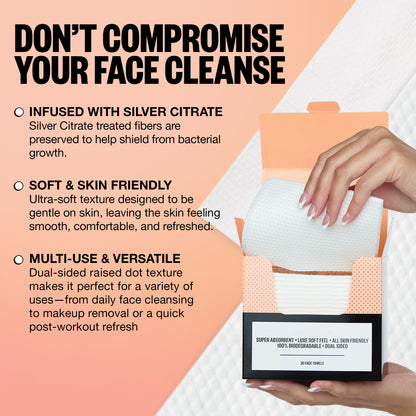 Product packaging with text highlighting features like silver citrate, softness, and versatility.