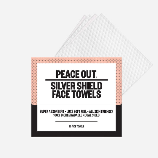 An antimicrobial silver-citrate-infused Silver Shield Face Towel packaging with text on a white background