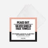 An antimicrobial silver-citrate-infused Silver Shield Face Towel packaging with text on a white background