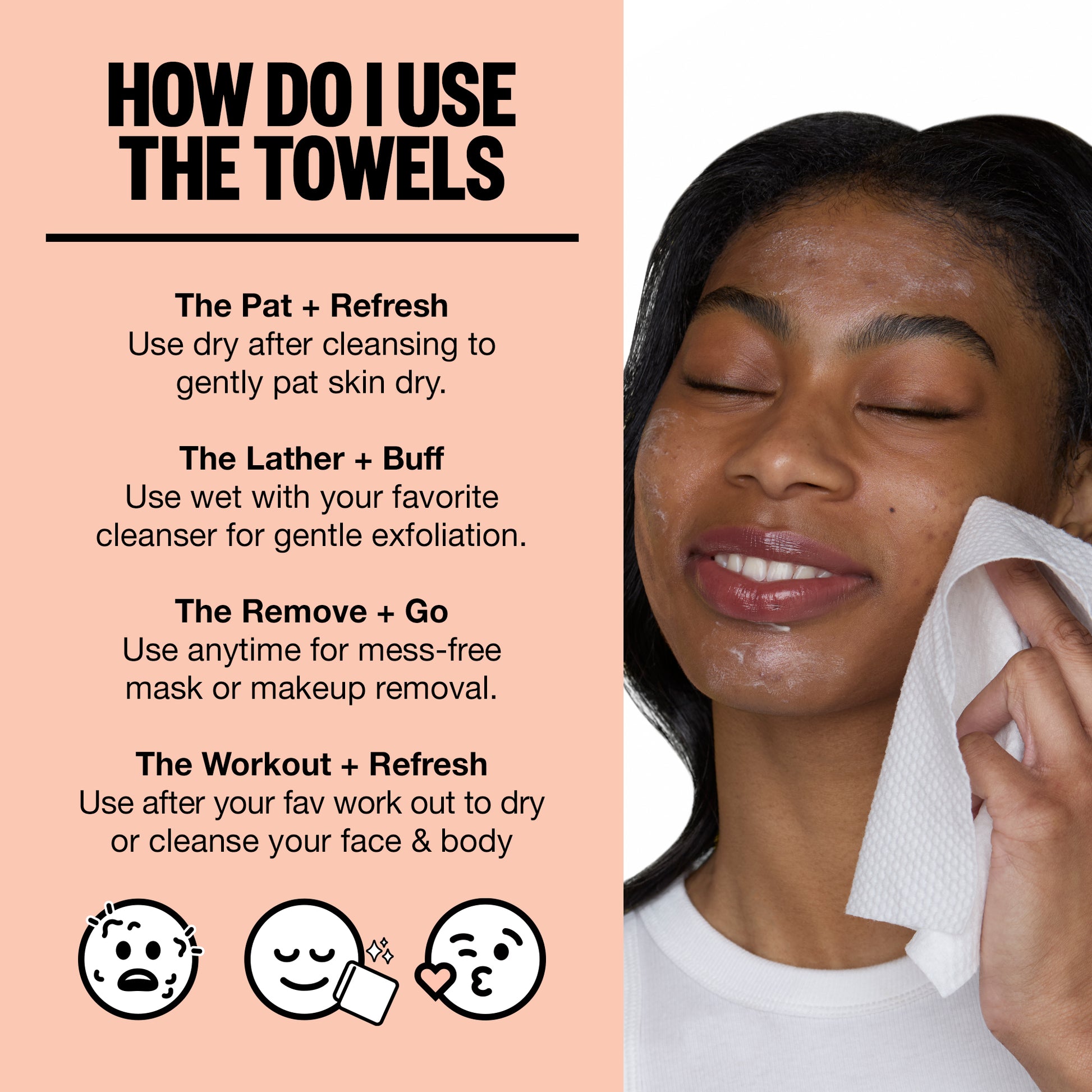 Instructions on using towels for skincare with a woman using an antimicrobial silver-citrate-infused Silver Shield Face Towel on her face.