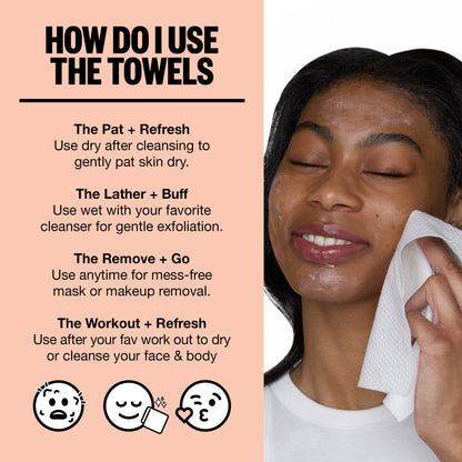 Instructions on using towels for skincare with a woman using an antimicrobial silver-citrate-infused Silver Shield Face Towel on her face.