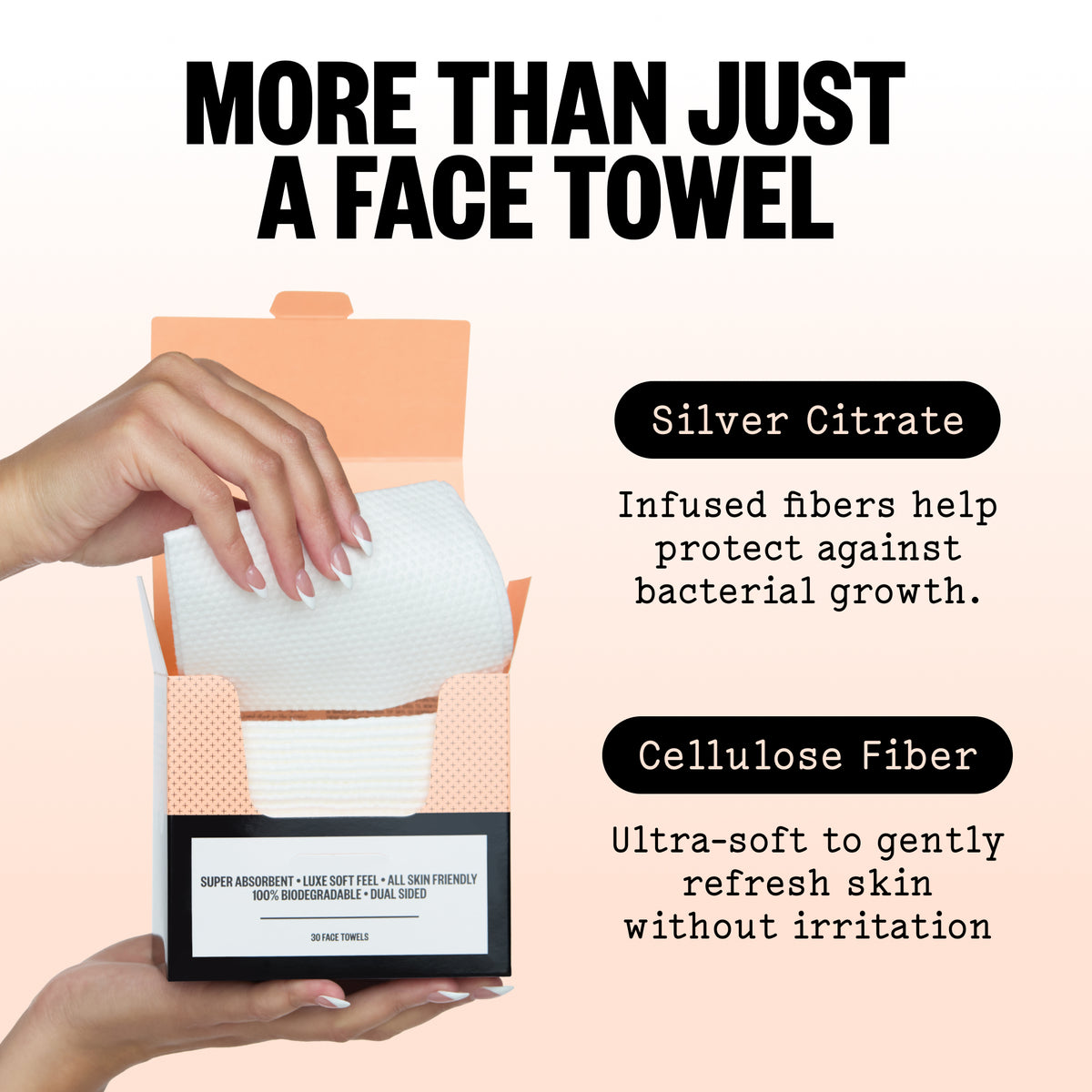 A hand holds up a Silver Shield Face Towels next to ingredient call outs for Silver Citrate and Cellulose fiber.