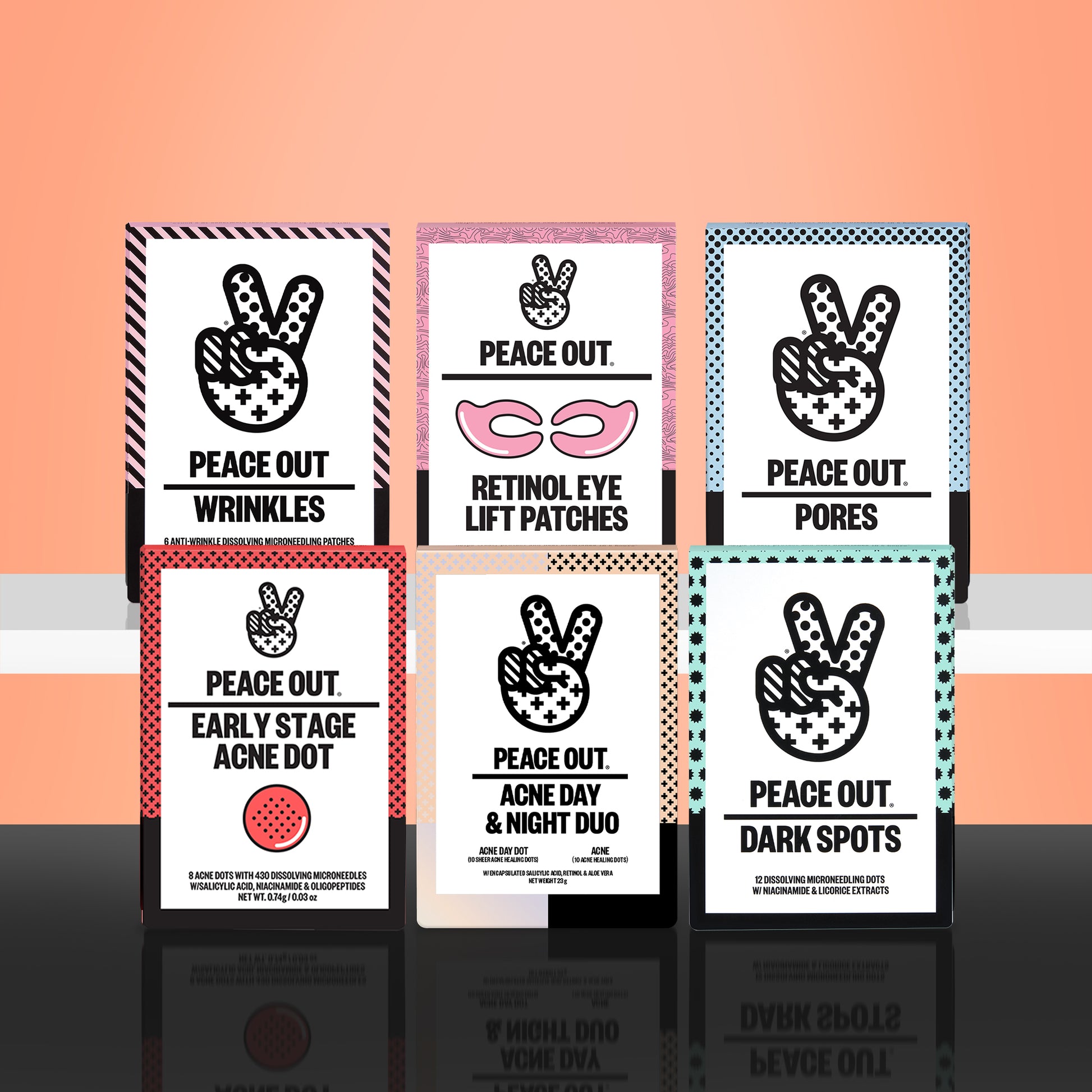 Peace Out's Wrinkles, Early Stage Acne Dots, Retinol Eye Lift Patches, Acne Day & Night Duo, Pores, Dark Spots and Puffy Eyes hover over a dark surface