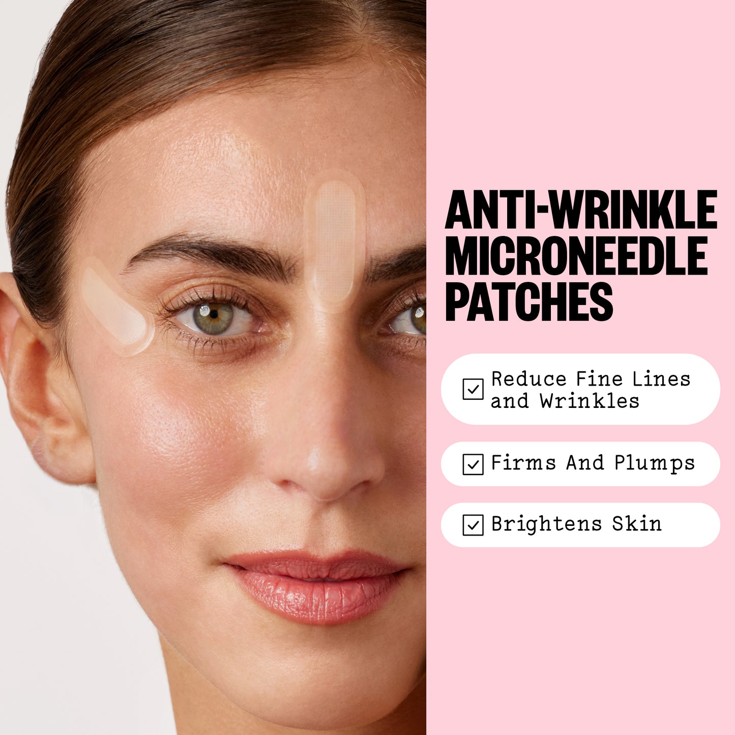 Woman's face with anti-wrinkle microneedle patches applied, featuring text on benefits.