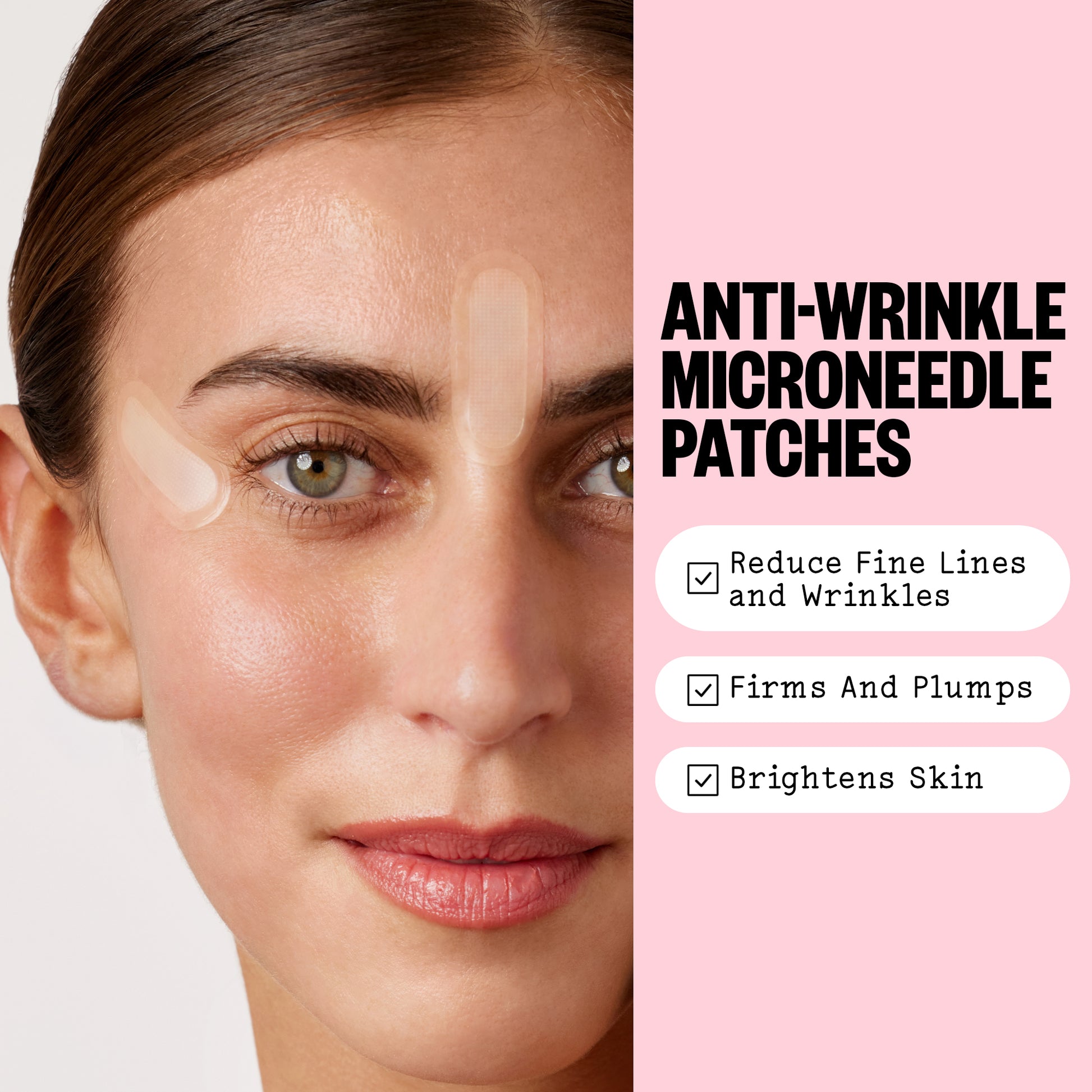 Woman's face with anti-wrinkle microneedle patches applied, featuring text on benefits.