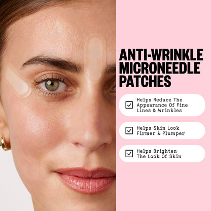 Close-up of a woman's face with three translucent anti-wrinkle patches applied to her forehead, under-eye area, and cheek. The right side has a pink panel with the text 'ANTI-WRINKLE MICRONEEDLE PATCHES' and three benefit bullet points.