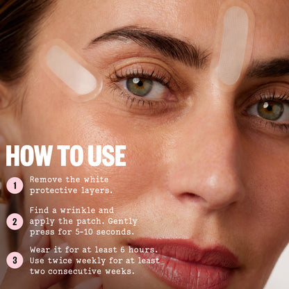 Instructions on how to use a skin care patch with close-up of a woman's face.