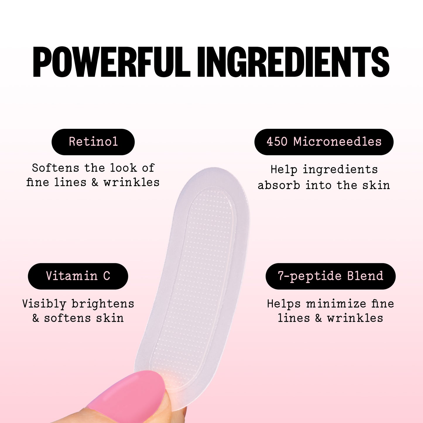 Product with text highlighting ingredients like Retinol, Vitamin C, and 7-peptide Blend on a pink background.