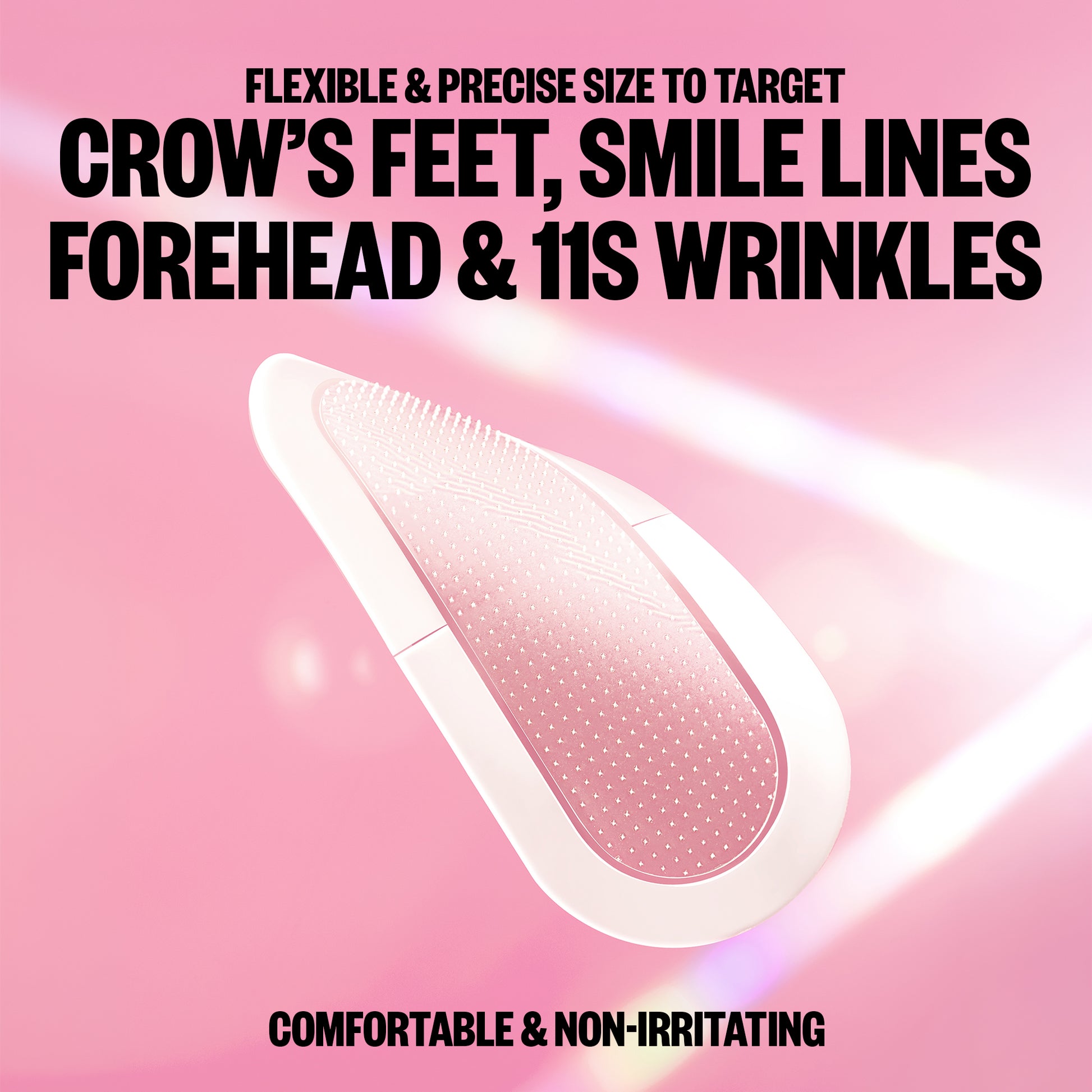 Skin care device for wrinkles on a pink background with text about its features.